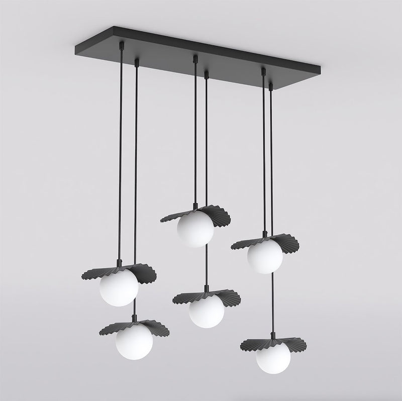 Suspension Flora 6 lumières noire, verre blanc