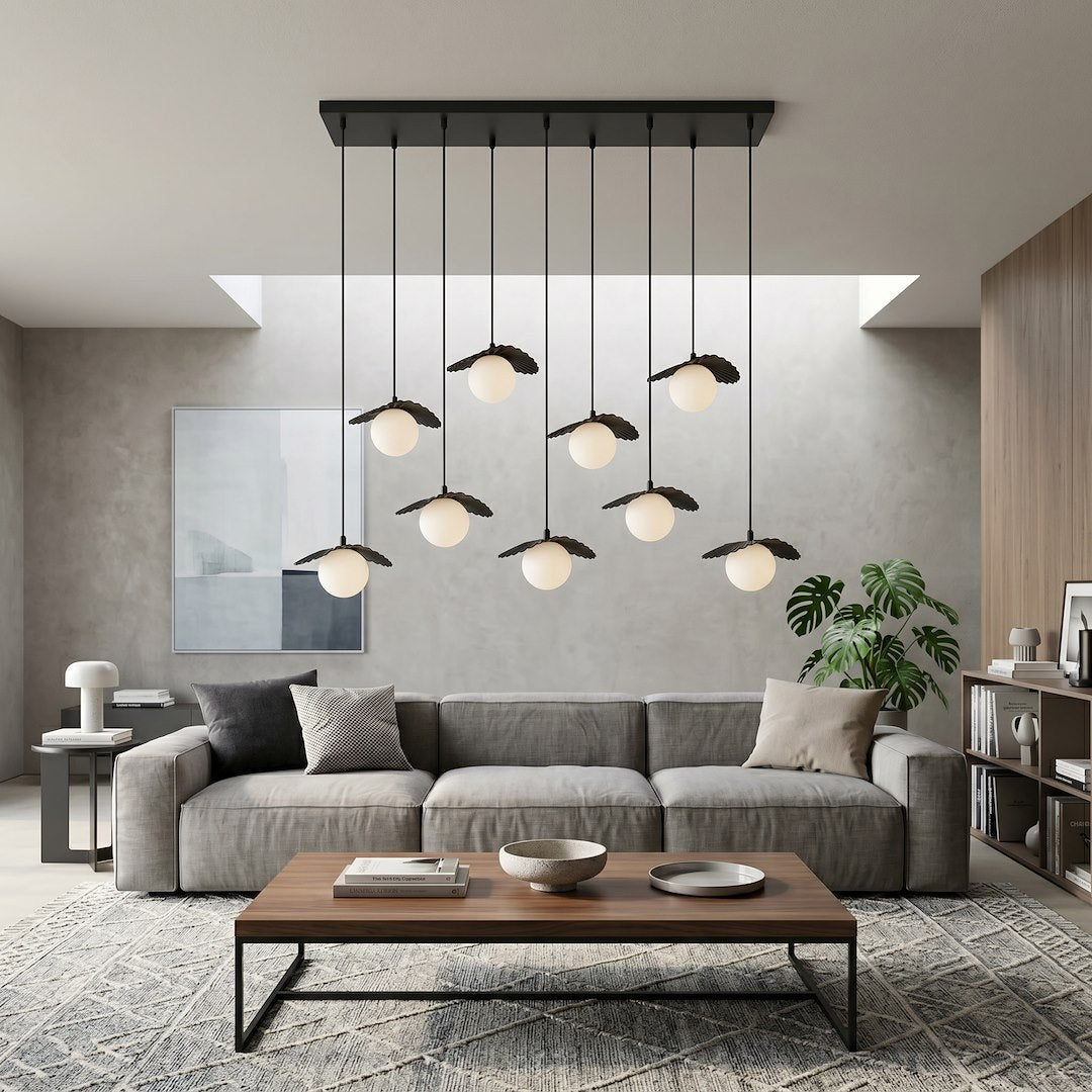 Suspension Flora 9 lumières noire, verre blanc