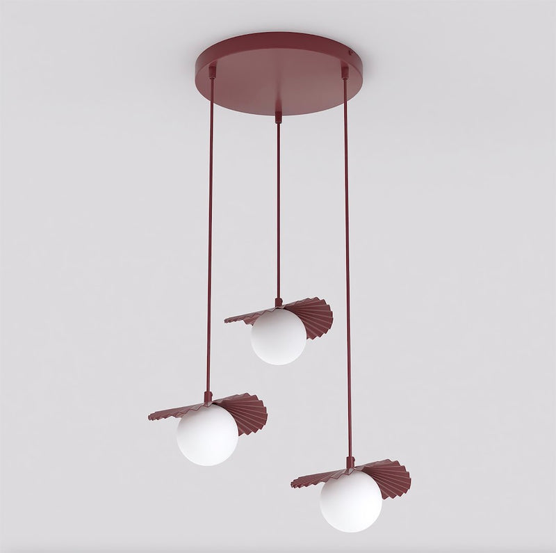 Suspension Flora 3 lumières bordeaux, verre blanc