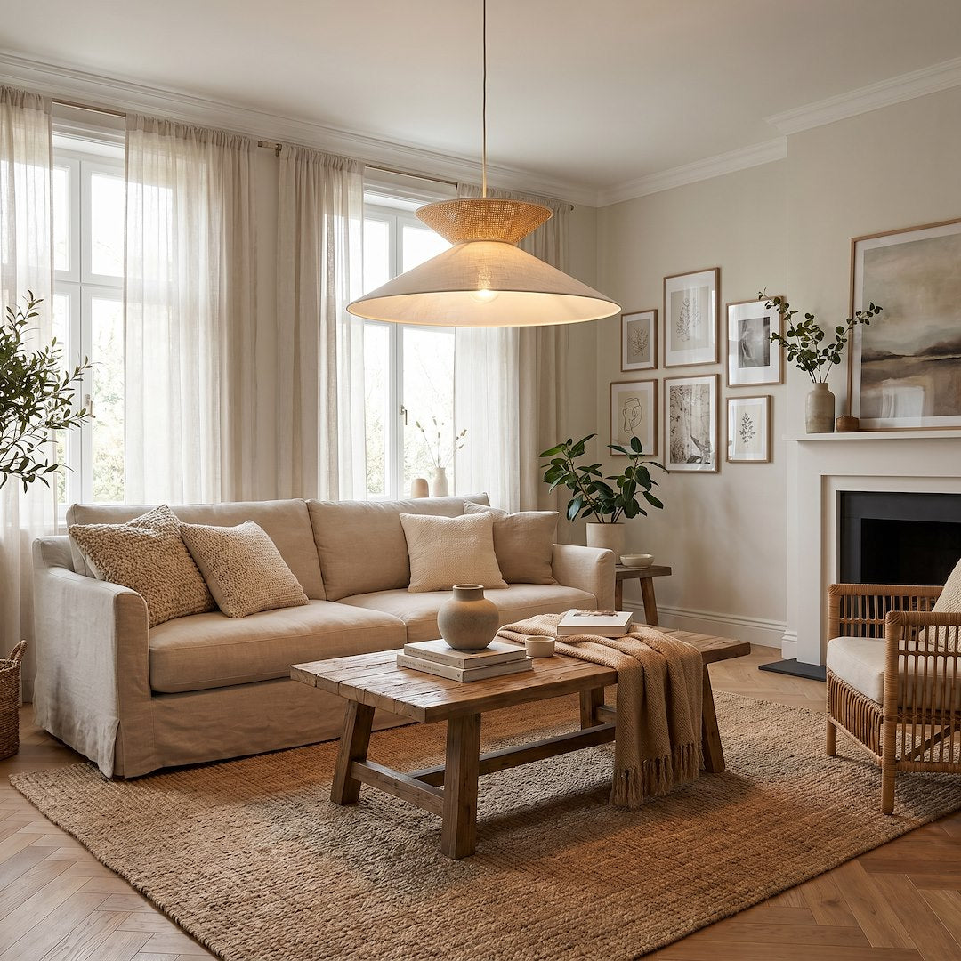 Suspension Softa beige, rotin beige et marron