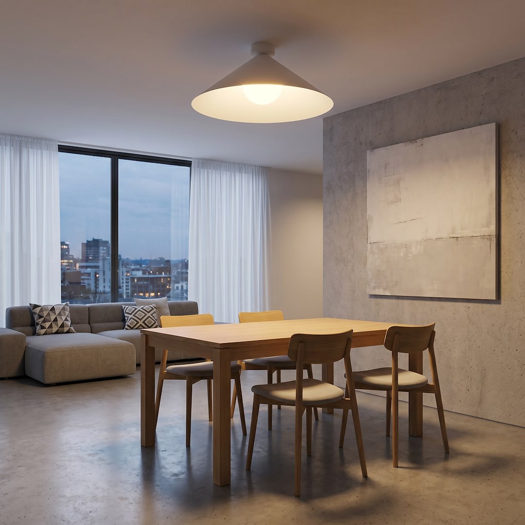 Mise en ambiance dans une salle à manger moderne, plafonnier éclairant la table