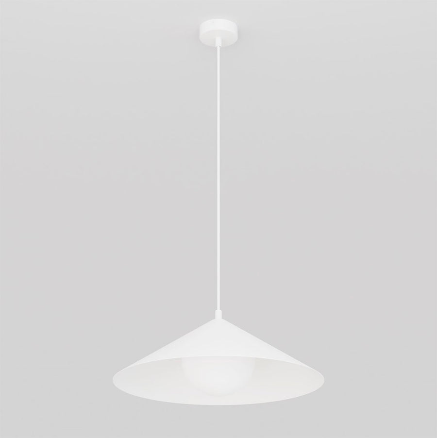 Vue de profil du luminaire blanc, câble fin et abat-jour conique détaillé