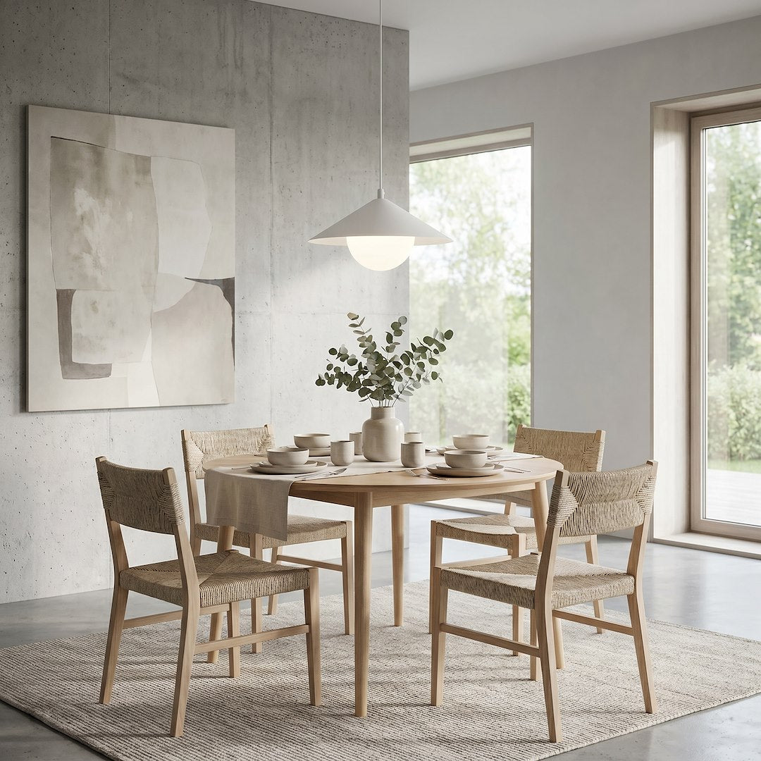 Suspension allumée éclairant une salle à manger claire avec table ronde
