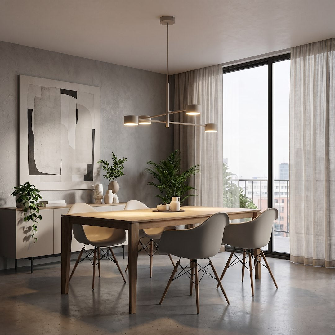 Ambiance de salle à manger avec plantes vertes et le plafonnier beige allumé