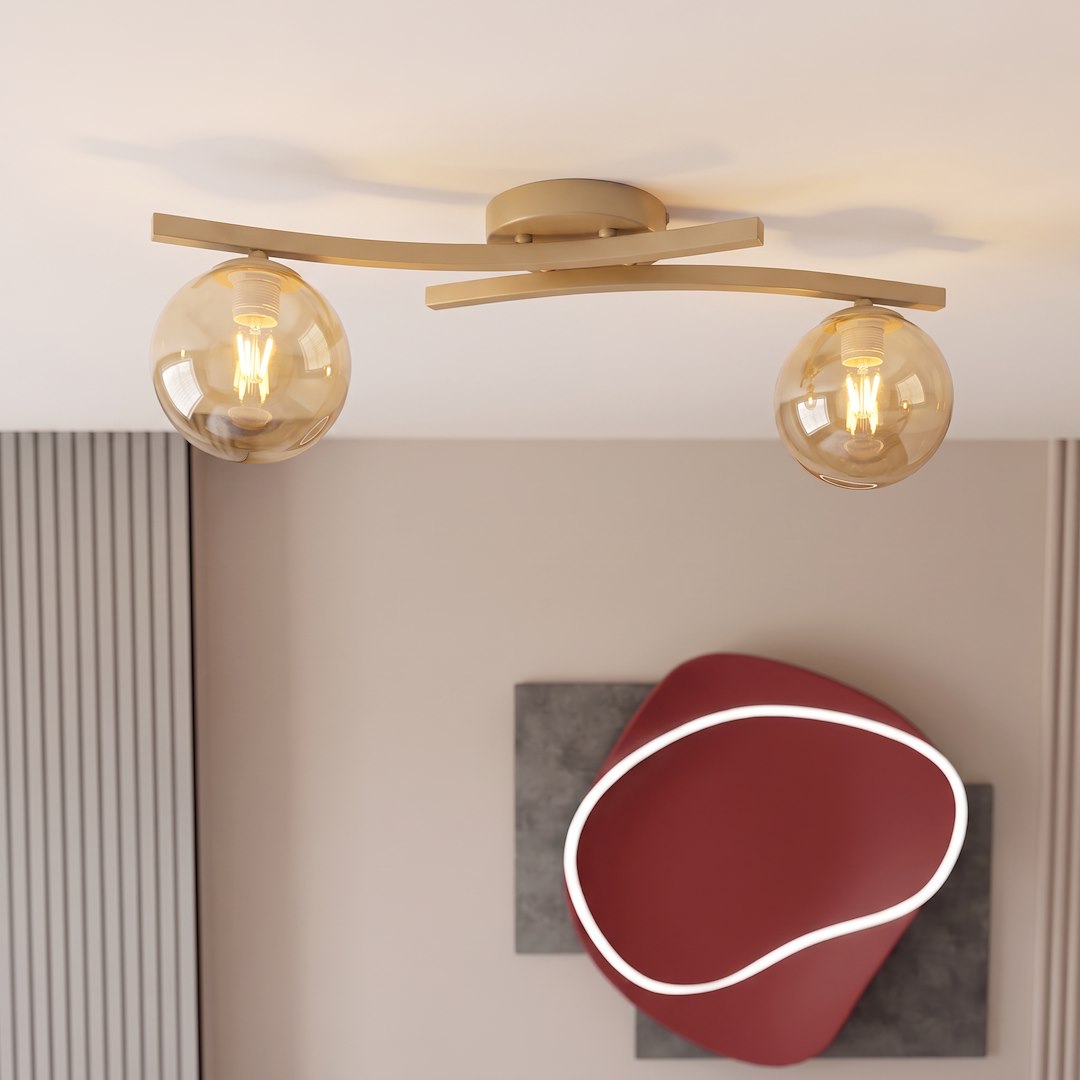 Vue rapprochée sous plafond, verre ambré et ampoules visibles, tableau rouge en arrière-plan