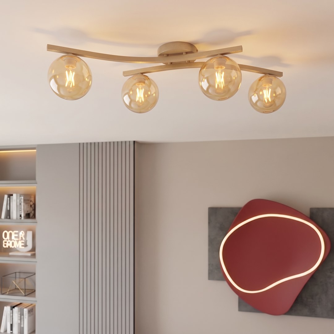 Mise en ambiance salon : luminaire allumé devant une œuvre murale rouge.