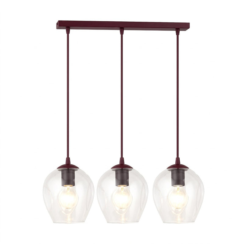 Suspension Istar 3 lumières bordeaux, verre transparent, H 14 cm