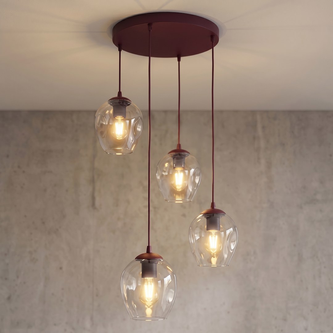 Suspension Istar 4 lumières bordeaux, verre transparent