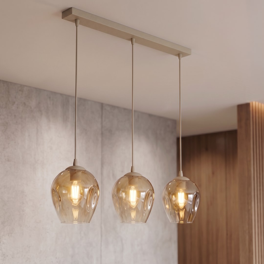 Suspension Istar 3 lumières beige, verre ambré, H 14 cm