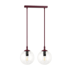 Suspension Cosmo 2 lumières bordeaux, verre transparent