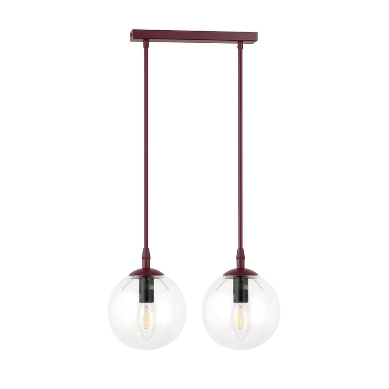 Suspension Cosmo 2 lumières bordeaux, verre transparent