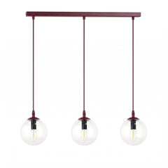 Suspension Cosmo 3 lumières bordeaux, verre transparent, H 14 cm