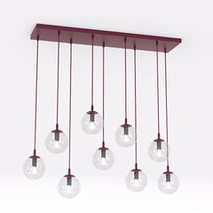 Suspension Cosmo 9 lumières bordeaux, verre transparent