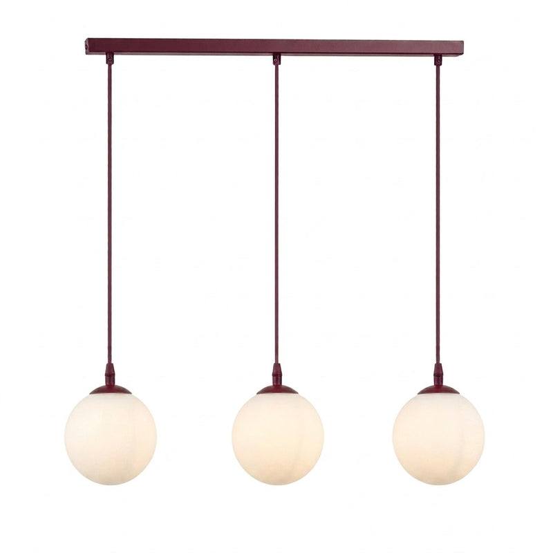 Suspension Cosmo 3 lumières bordeaux, verre blanc, H 14 cm