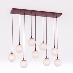 Suspension Cosmo 9 lumières bordeaux, verre blanc