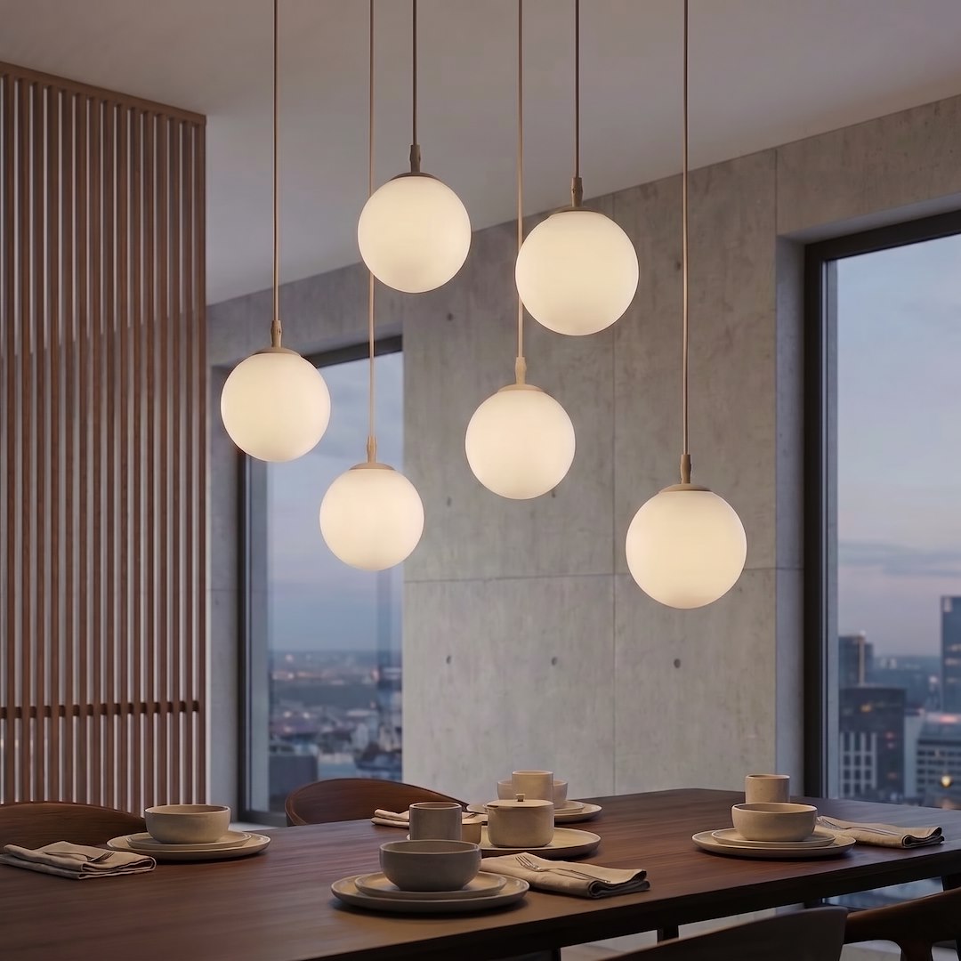 Suspension Cosmo 6 lumières beige, verre blanc
