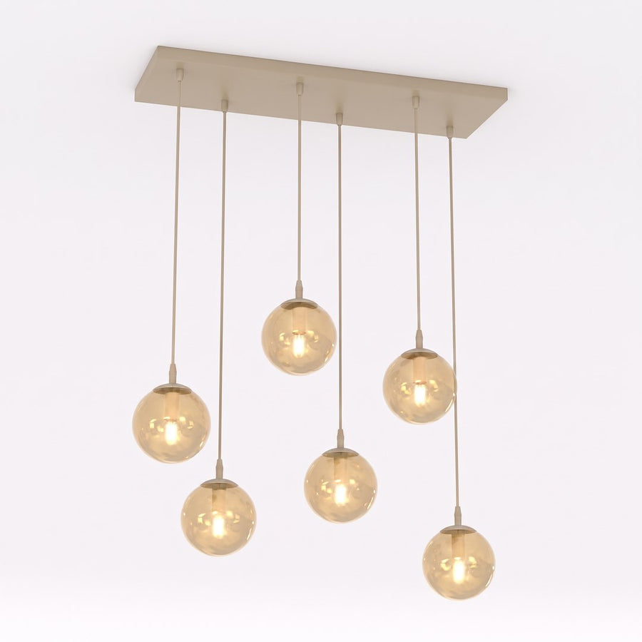 Suspension beige à six globes de verre ambré, vue de face sur fond blanc