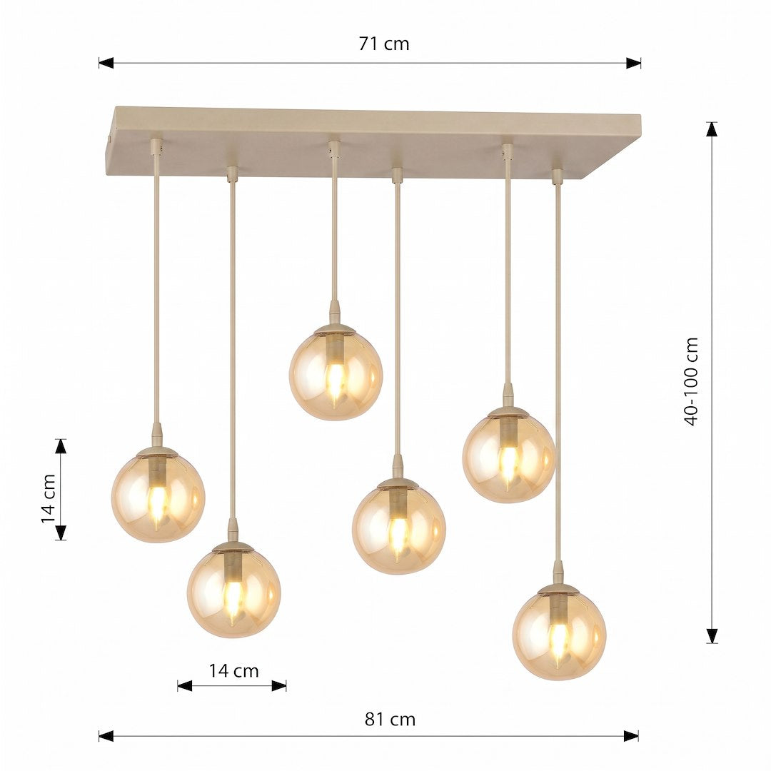 Schéma coté : plateau 71 cm, globes 14 cm, hauteur réglable de 40 à 100 cm