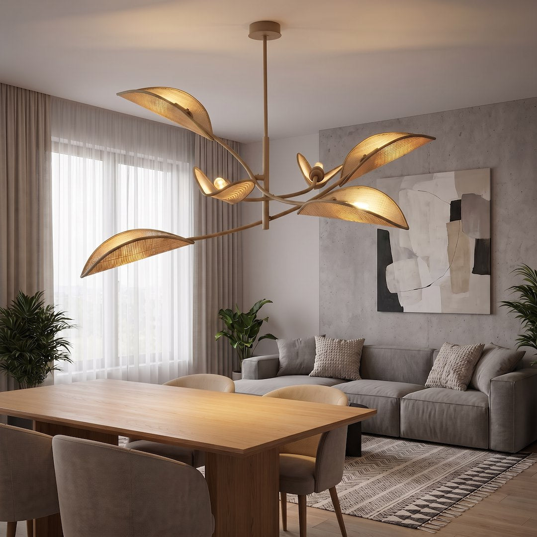 Plafonnier Lotus 6 lumières beige, tissu rotin