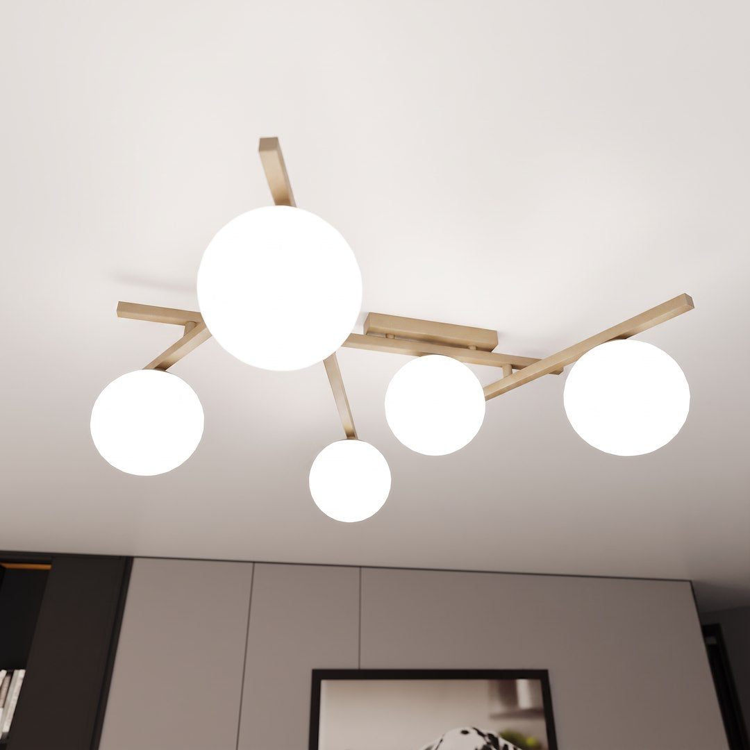 Plafonnier Smart 5 lumières beige, verre blanc