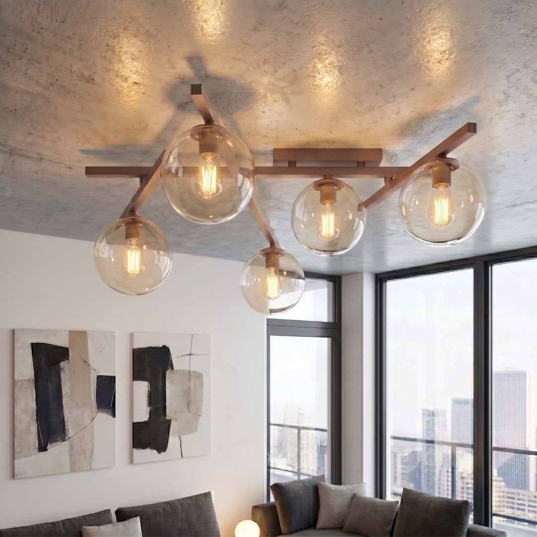 Plafonnier Smart 5 lumières beige, verre ambré