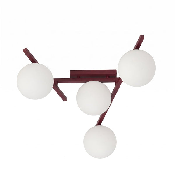 Plafonnier Smart 4 lumières bordeaux, verre blanc
