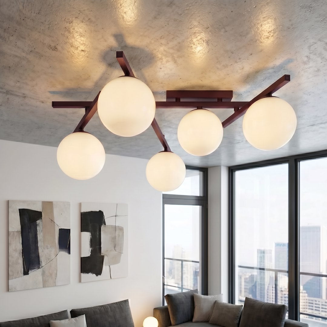 Plafonnier Smart 5 lumières bordeaux, verre blanc