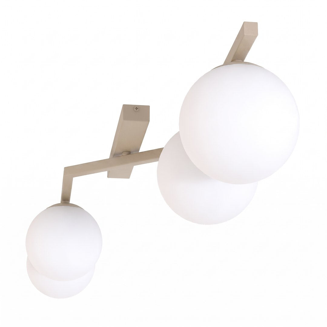 Détail de la finition beige du support et des globes de verre opalin