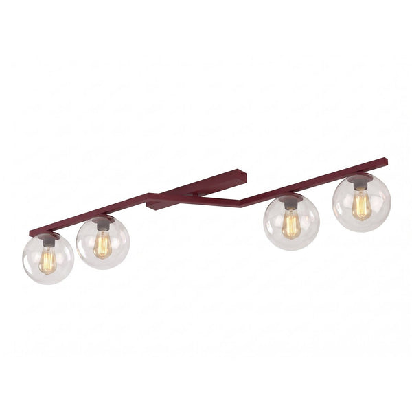 Plafonnier Naton 4 lumières bordeaux, verre transparent