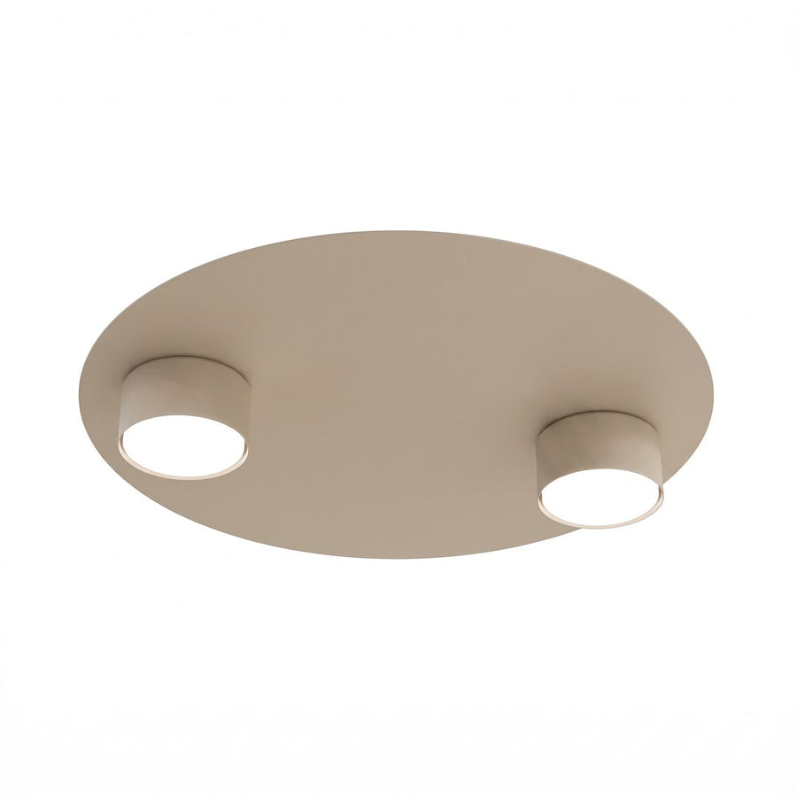 Perspective en angle montrant le plateau circulaire et les deux diffuseurs en saillie