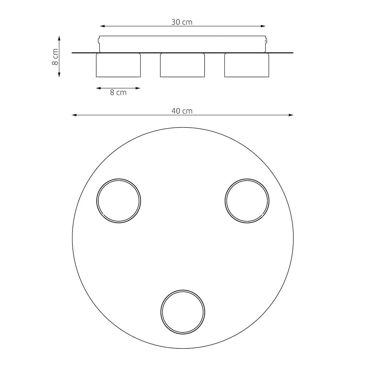 Schéma coté du produit : diamètre 40 cm, hauteur 8 cm, spots de 8 cm.
