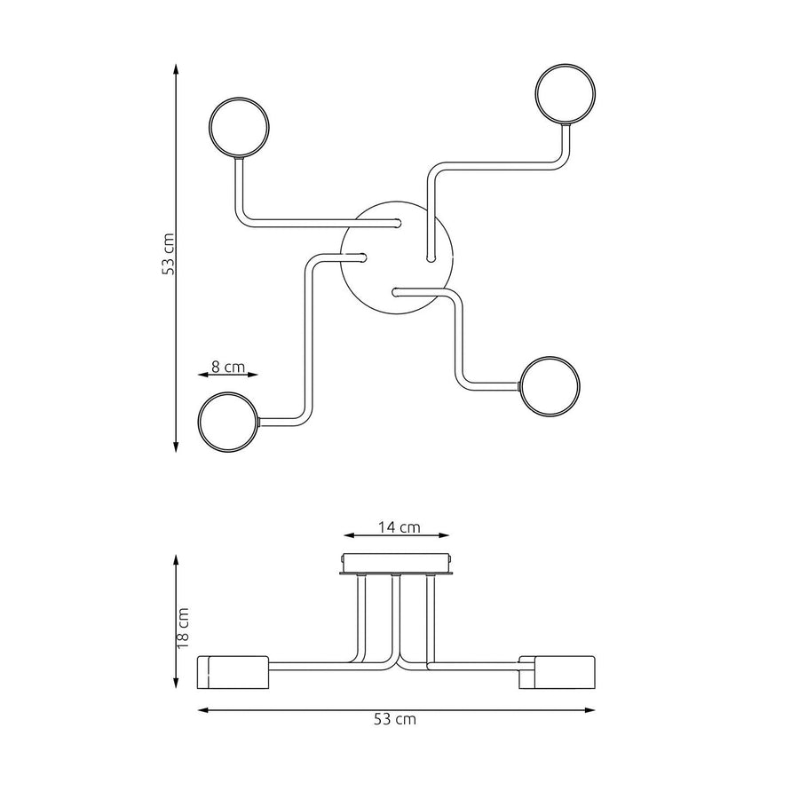 Schéma coté vue de dessus et de profil, dimensions 53 cm et 18 cm
