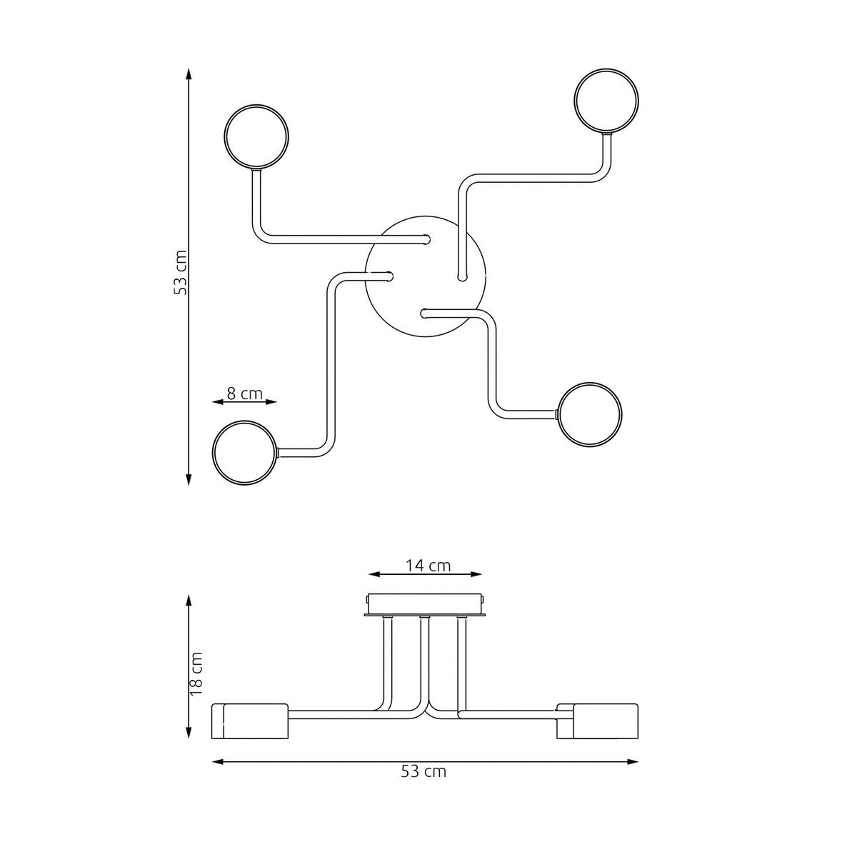 Schéma coté du luminaire, vues de dessus et de profil