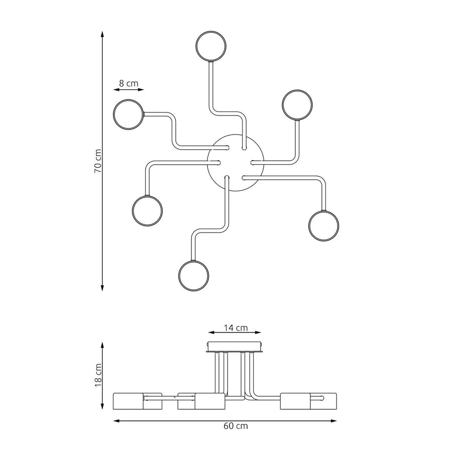 Schéma technique coté indiquant 70 cm de diamètre et 18 cm de hauteur