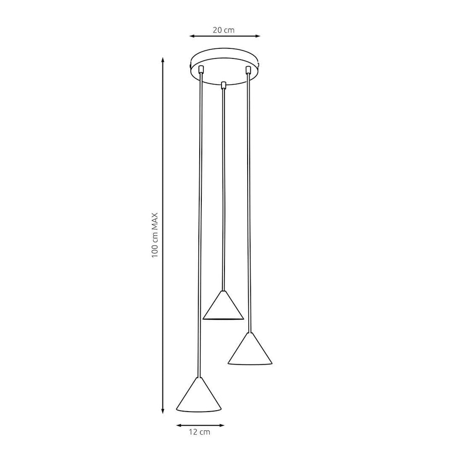 Schéma technique coté : rosace de 20 cm, hauteur maximale de 100 cm, cônes de 12 cm