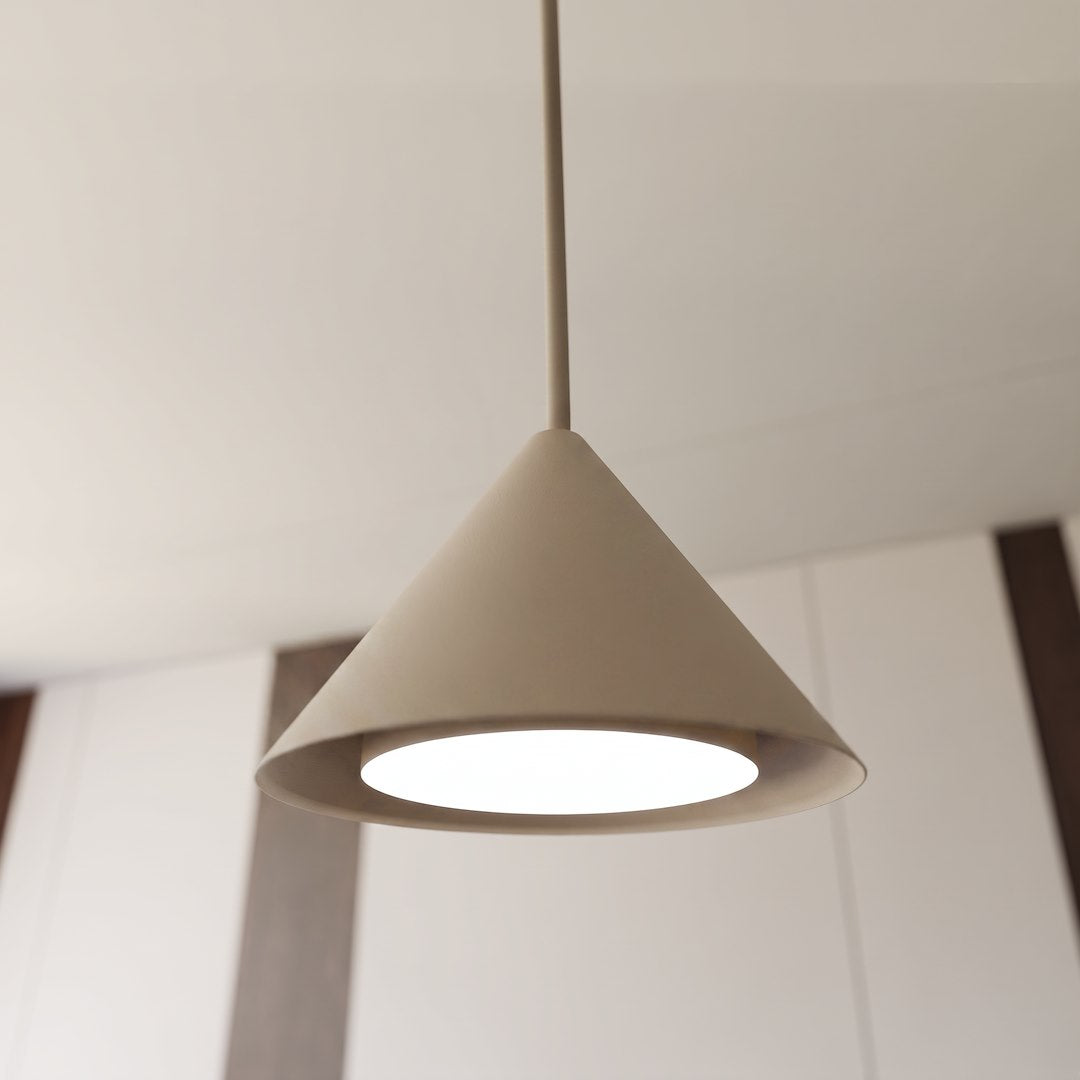 Détail d'un cône beige avec diffuseur lumineux rond et blanc