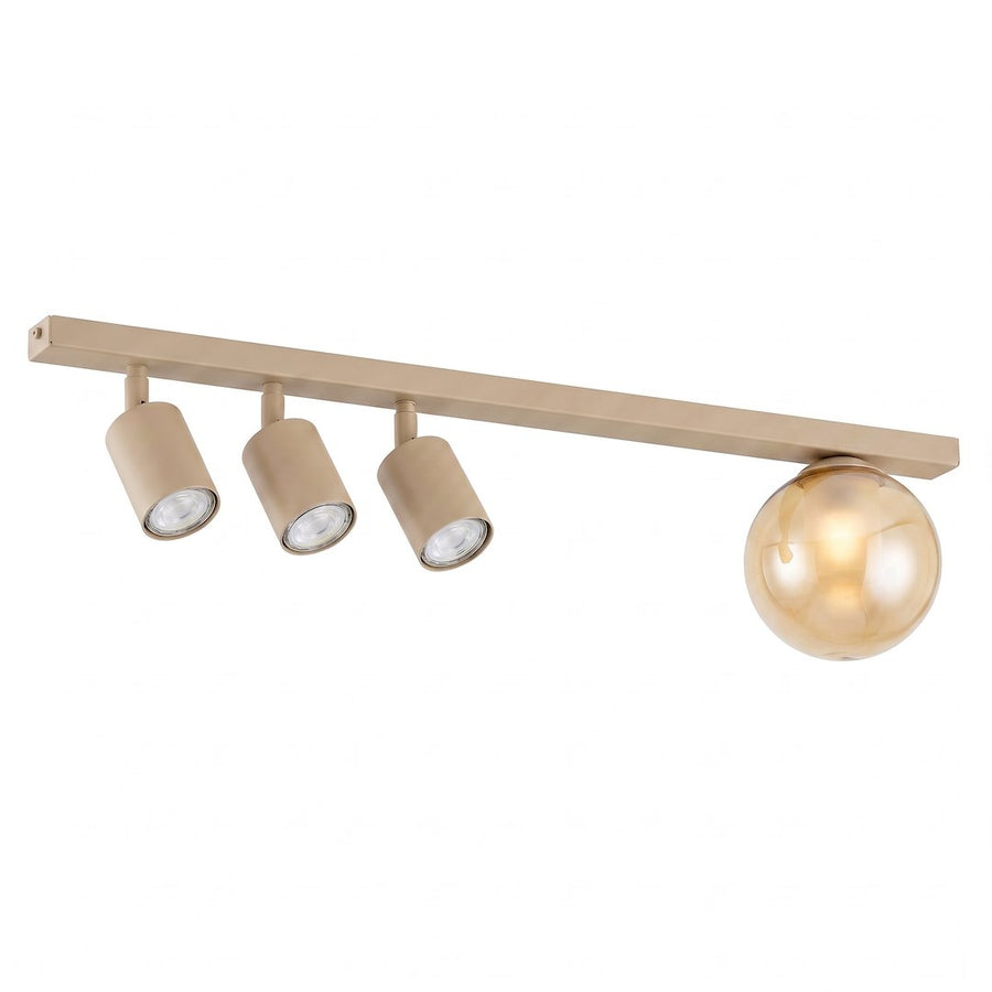 Plafonnier beige avec trois spots cylindriques orientables et un globe en verre ambré