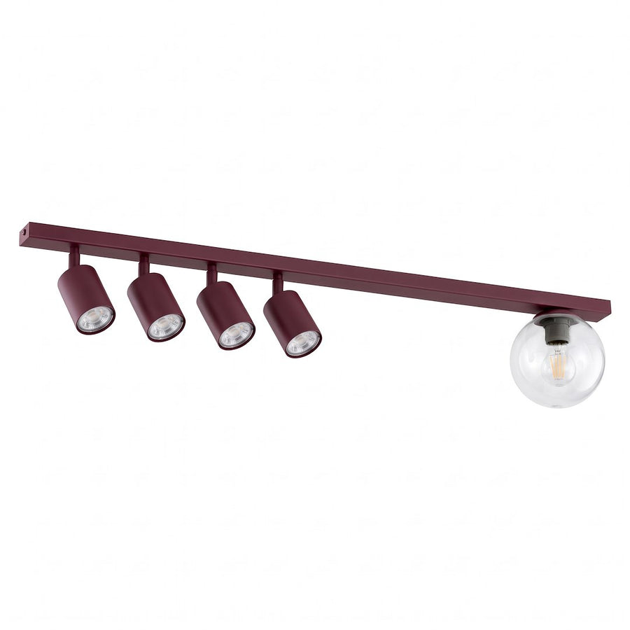 Luminaire complet vu de face sur fond blanc, quatre spots cylindriques et globe en verre.