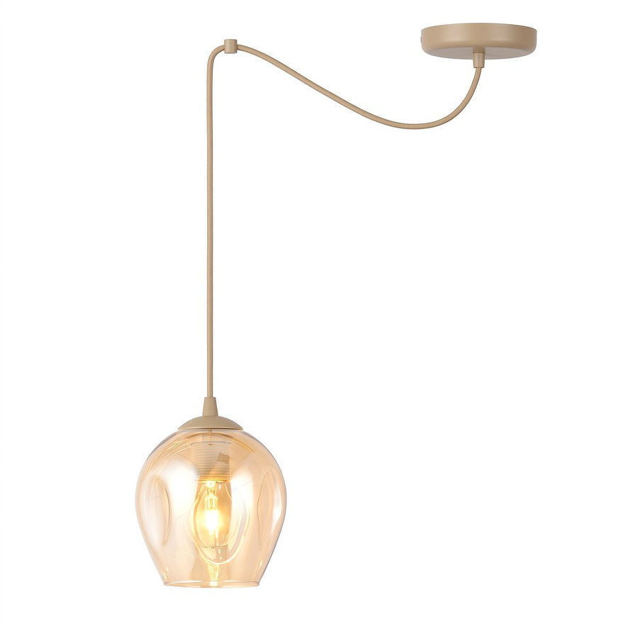 Vue de face d'une suspension beige avec abat-jour en verre ambré et ampoule