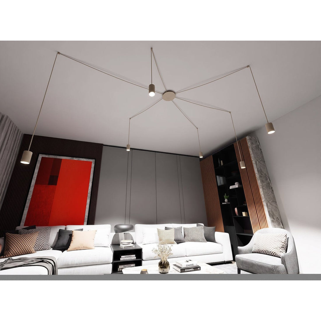 Suspension Traker 6 lumières beige