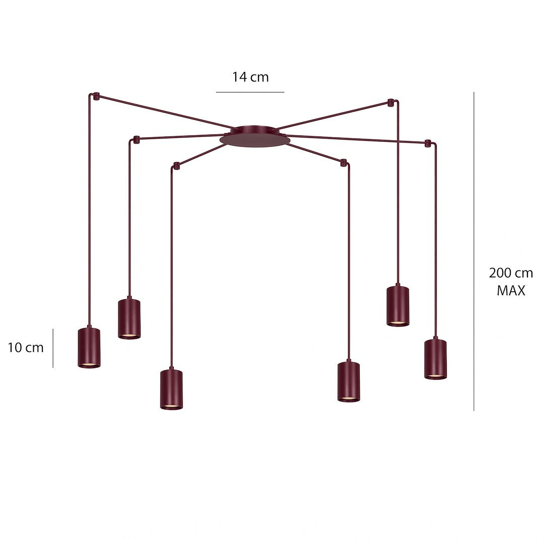 Schéma coté de la suspension, diamètre 14 cm, hauteur 200 cm maximum et 10 cm.