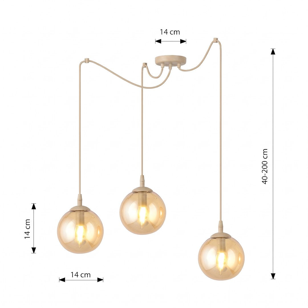 Schéma coté de la suspension : rosace 14 cm, globes 14 cm, hauteur réglable 40 à 200 cm