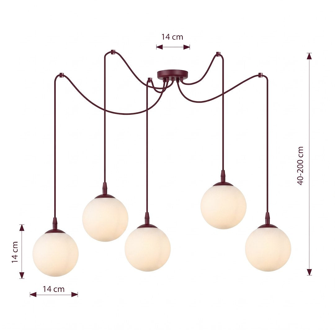 Schéma coté du luminaire : diamètre des globes, rosace et hauteur de câble réglable.