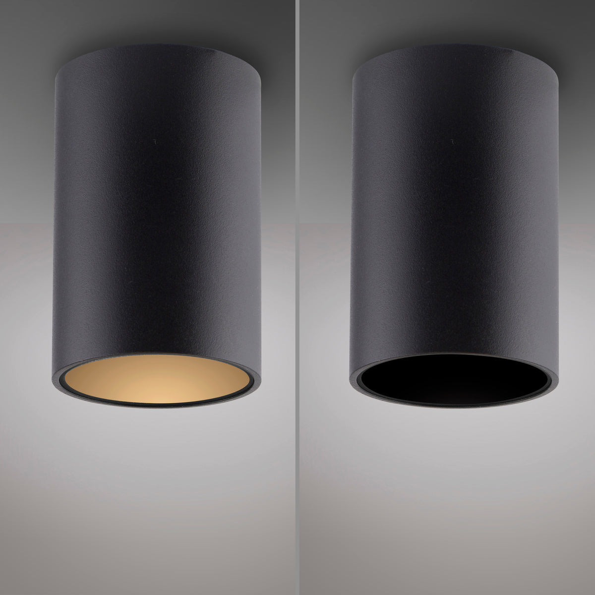 Comparaison de deux plafonniers cylindriques noirs, intérieur doré ou noir.