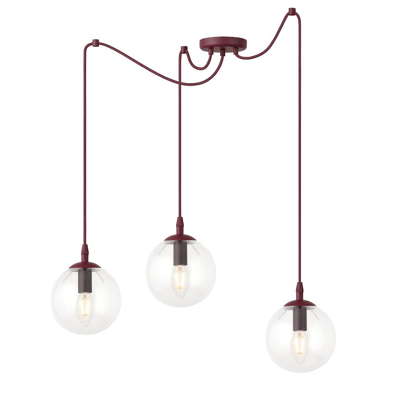 Suspension Gigi 3 lumières bordeaux, verre transparent