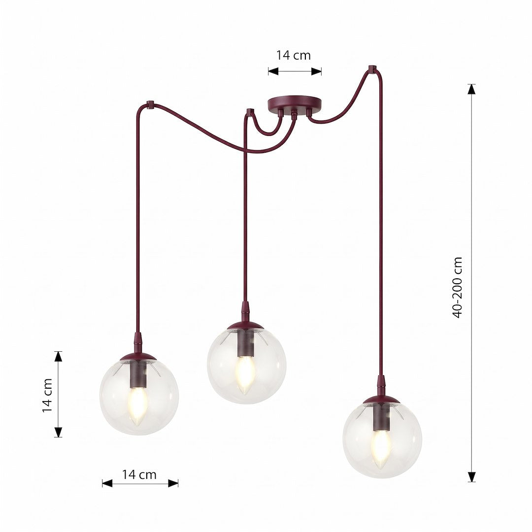Schéma coté : diamètre des globes 14 cm, hauteur réglable de 40 à 200 cm