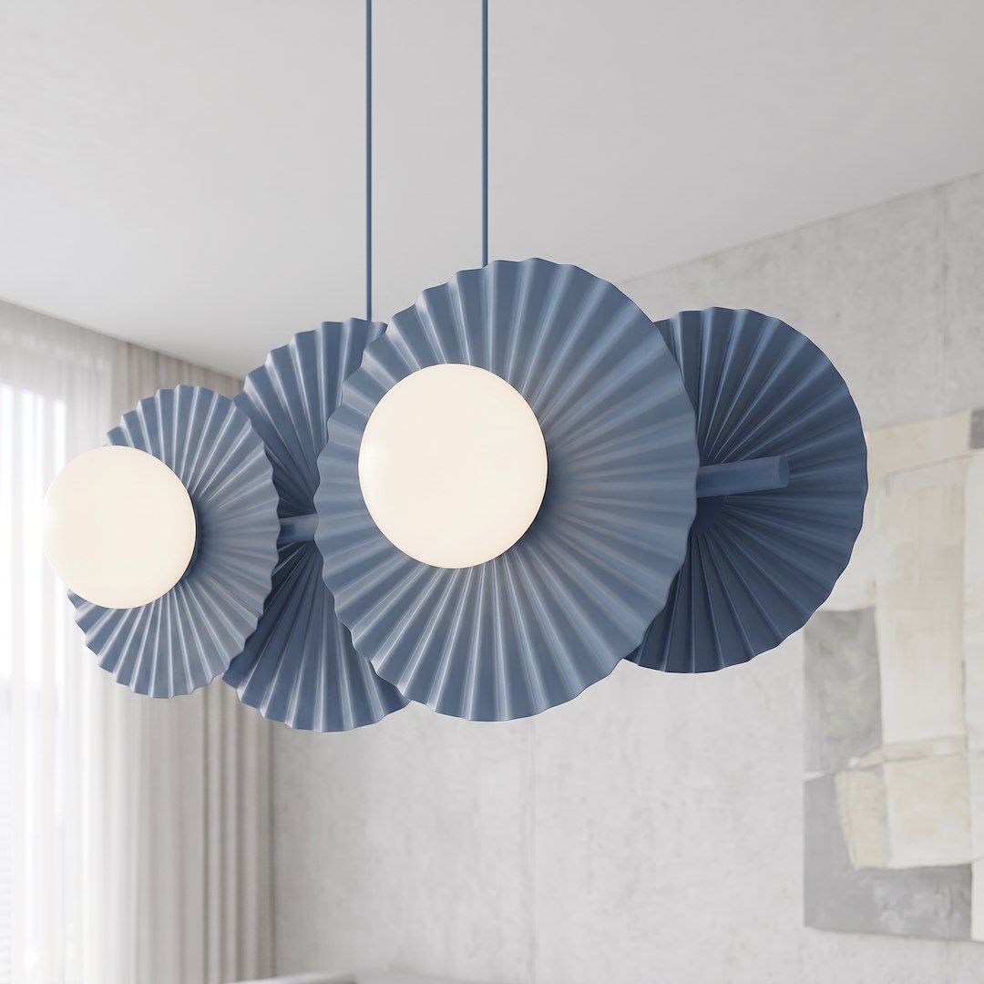 Suspension Umbra 4 lumières bleue, verre blanc
