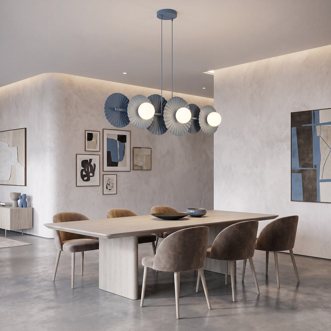 Suspension Umbra 6 lumières bleue, verre blanc