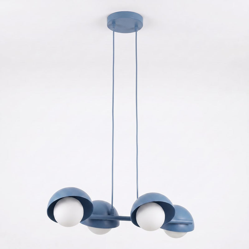 Suspension Boom 4 lumières bleue, verre blanc