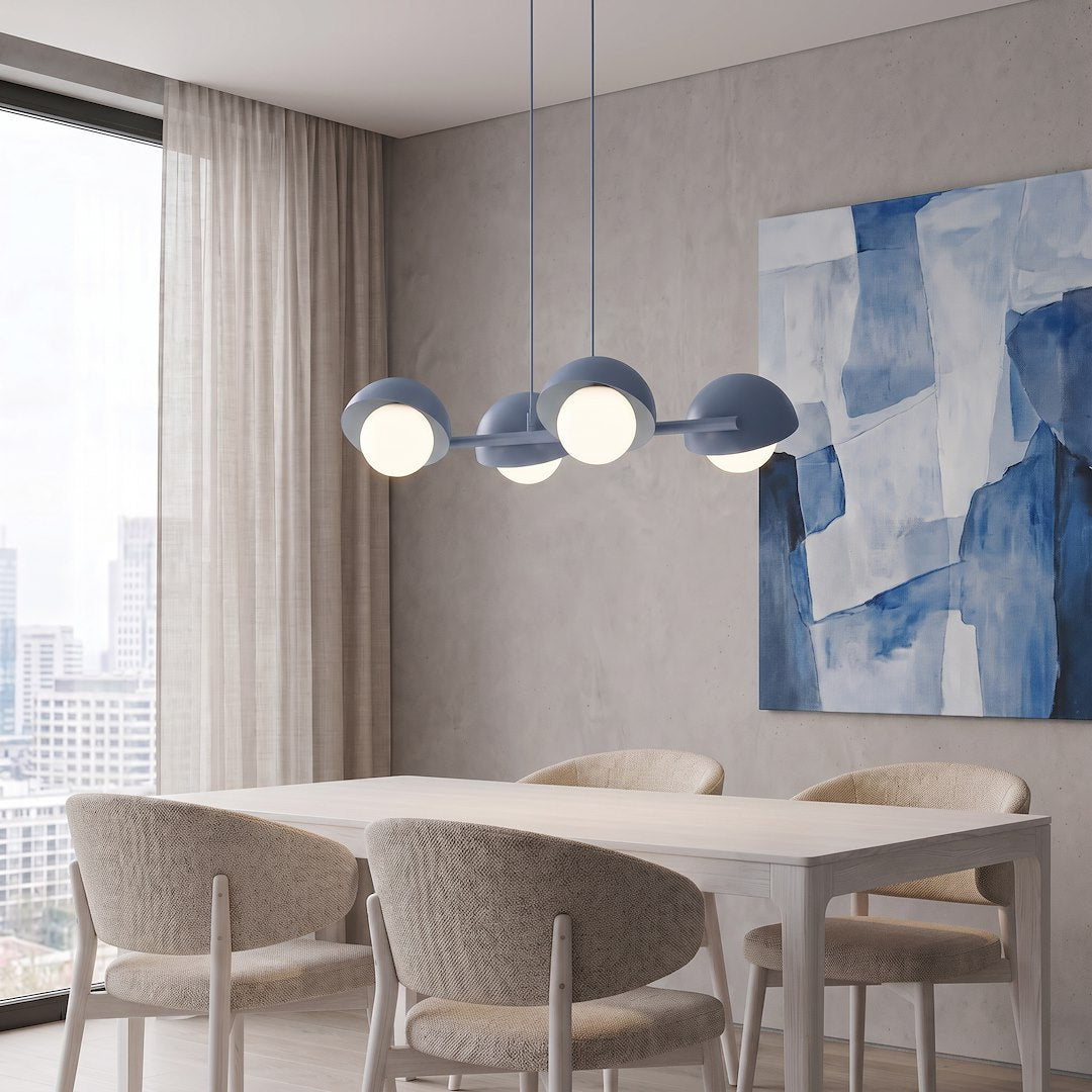 Suspension Boom 4 lumières bleue, verre blanc
